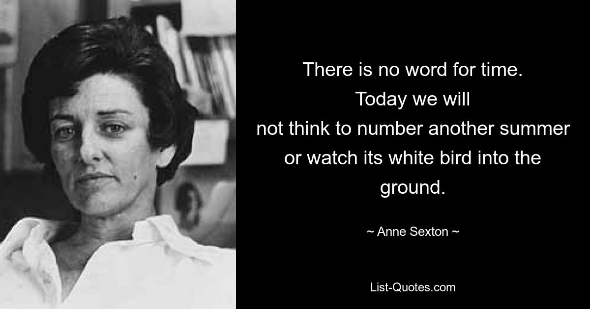 There is no word for time.
Today we will
not think to number another summer
or watch its white bird into the ground. — © Anne Sexton