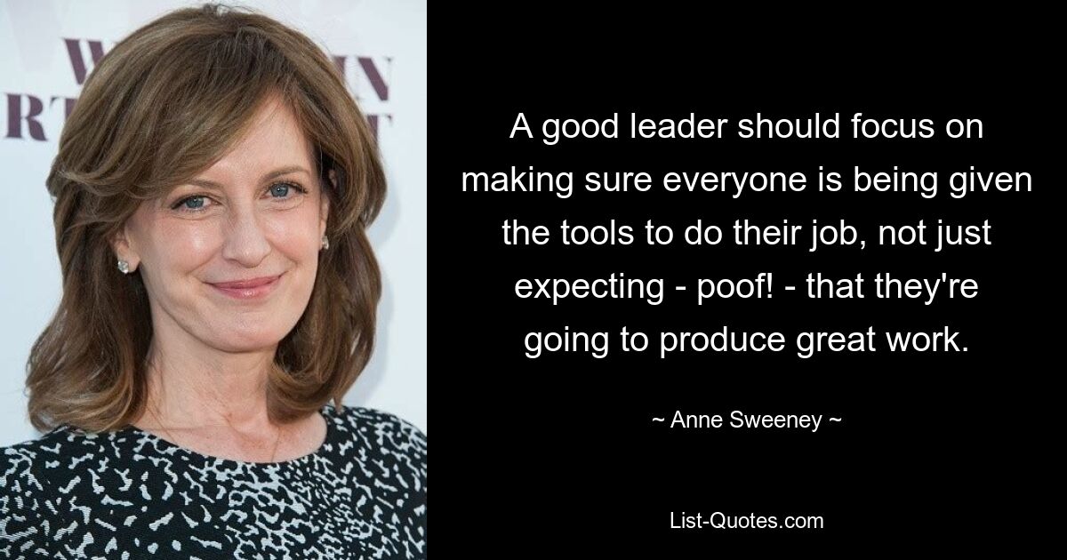 A good leader should focus on making sure everyone is being given the tools to do their job, not just expecting - poof! - that they're going to produce great work. — © Anne Sweeney