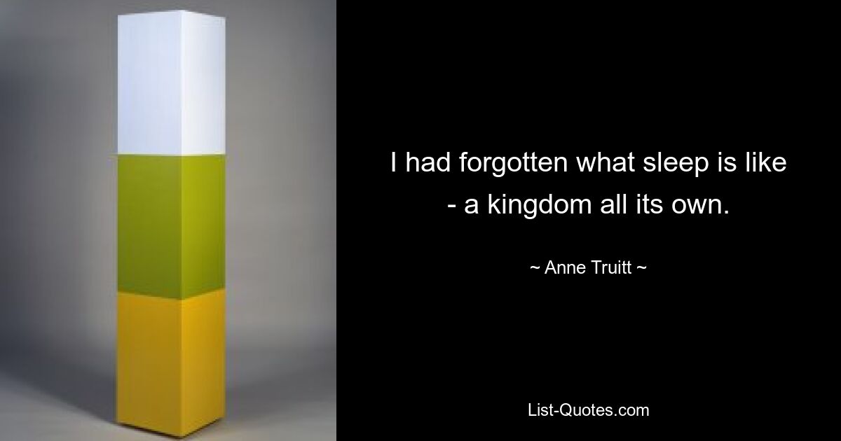 I had forgotten what sleep is like - a kingdom all its own. — © Anne Truitt