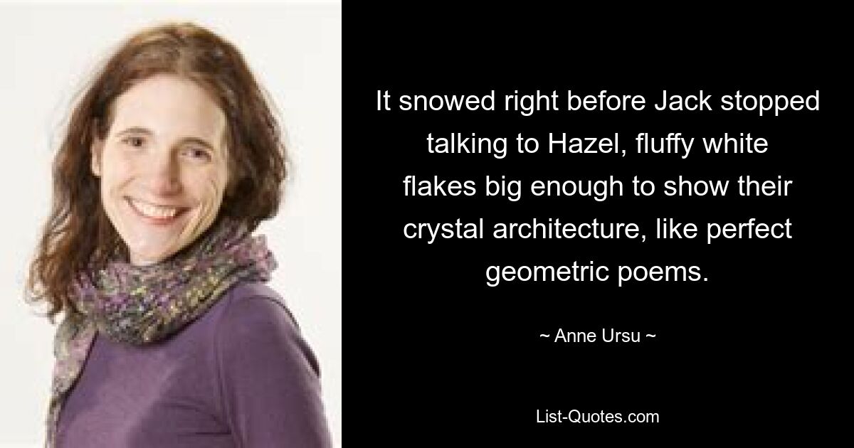 It snowed right before Jack stopped talking to Hazel, fluffy white flakes big enough to show their crystal architecture, like perfect geometric poems. — © Anne Ursu