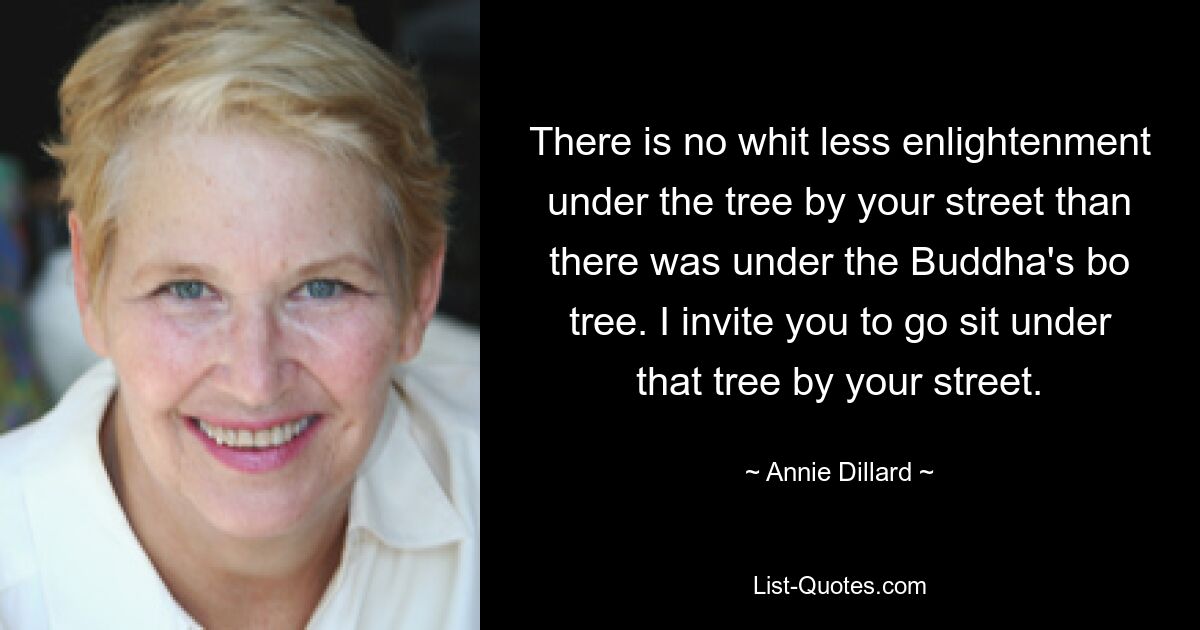 There is no whit less enlightenment under the tree by your street than there was under the Buddha's bo tree. I invite you to go sit under that tree by your street. — © Annie Dillard