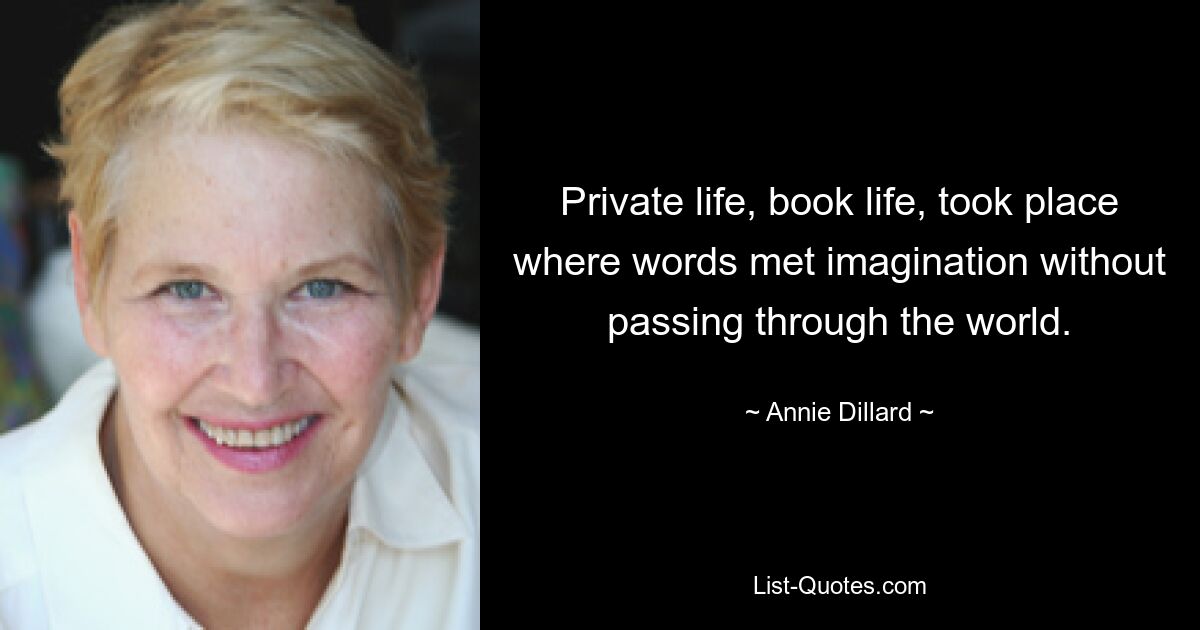 Private life, book life, took place where words met imagination without passing through the world. — © Annie Dillard