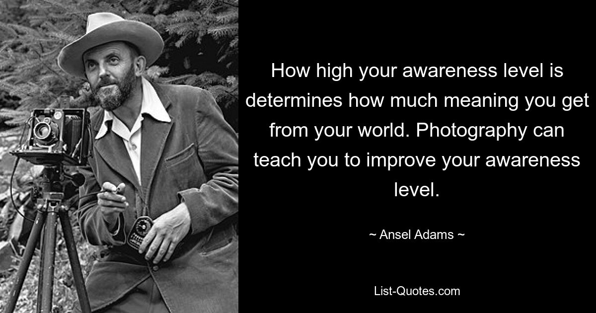 How high your awareness level is determines how much meaning you get from your world. Photography can teach you to improve your awareness level. — © Ansel Adams