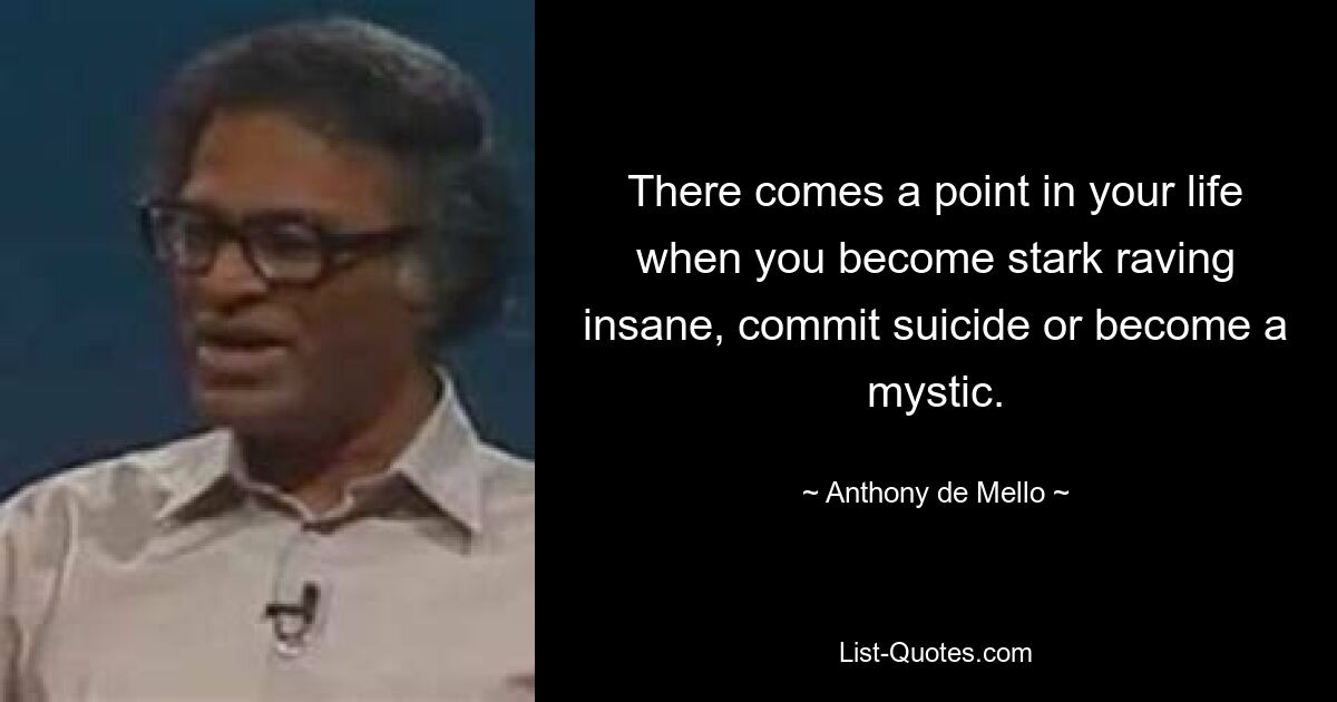 There comes a point in your life when you become stark raving insane, commit suicide or become a mystic. — © Anthony de Mello