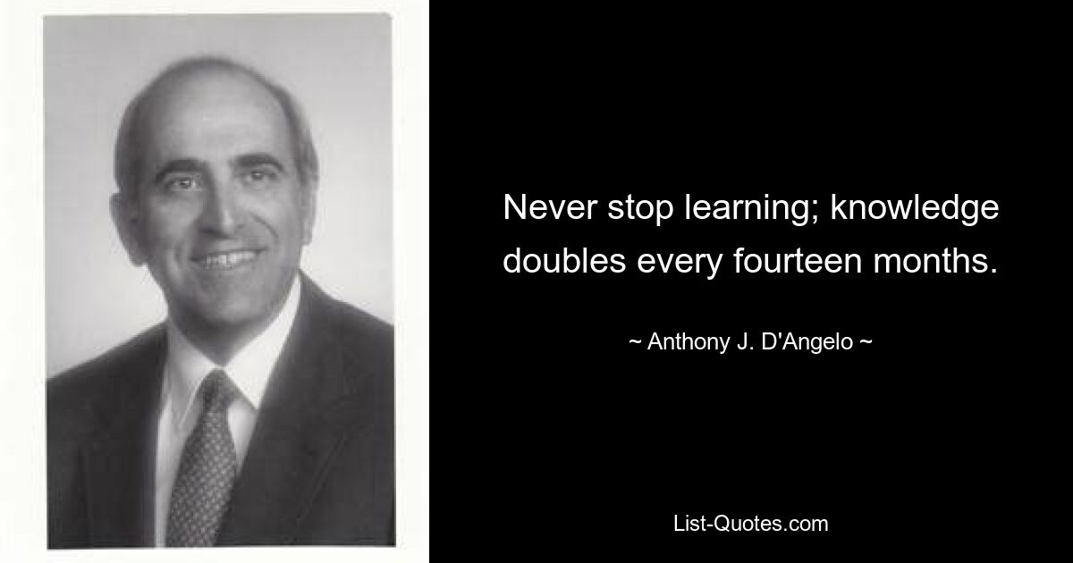 Never stop learning; knowledge doubles every fourteen months. — © Anthony J. D'Angelo