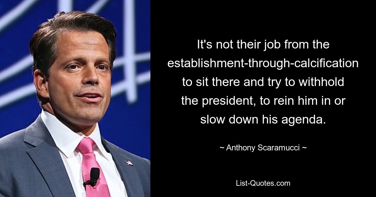 It's not their job from the establishment-through-calcification to sit there and try to withhold the president, to rein him in or slow down his agenda. — © Anthony Scaramucci