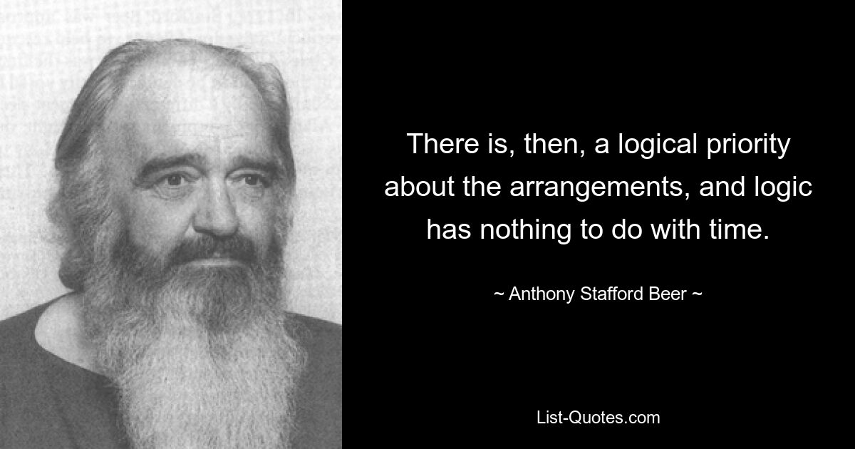 There is, then, a logical priority about the arrangements, and logic has nothing to do with time. — © Anthony Stafford Beer