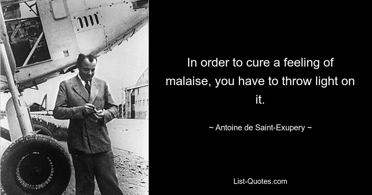 In order to cure a feeling of malaise, you have to throw light on it. — © Antoine de Saint-Exupery