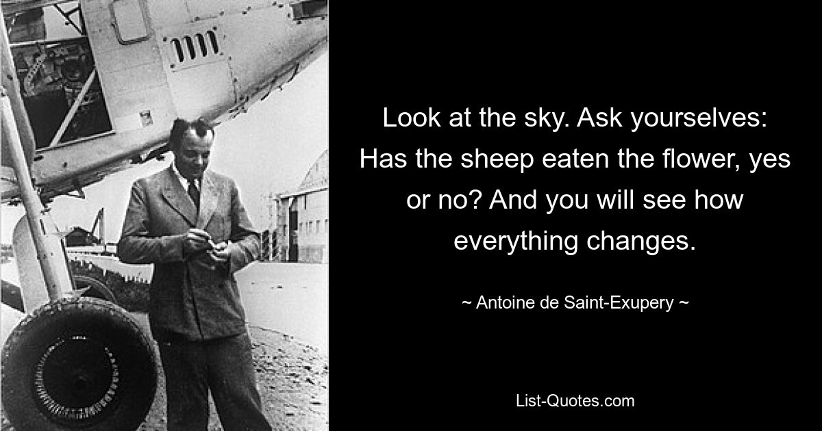 Look at the sky. Ask yourselves: Has the sheep eaten the flower, yes or no? And you will see how everything changes. — © Antoine de Saint-Exupery