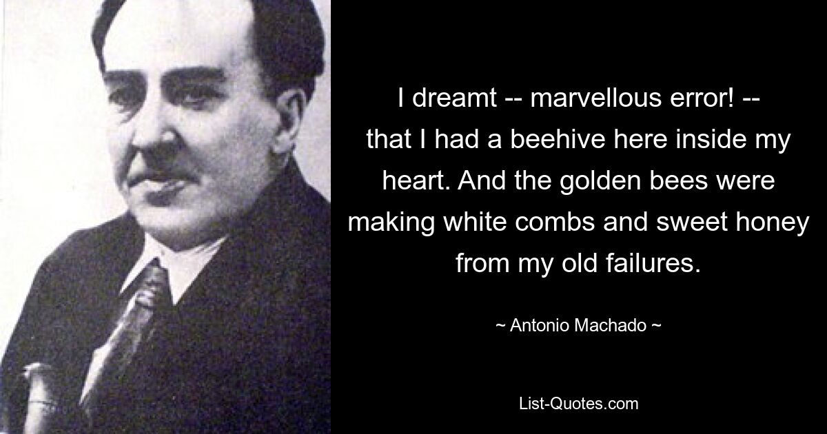 I dreamt -- marvellous error! -- that I had a beehive here inside my heart. And the golden bees were making white combs and sweet honey from my old failures. — © Antonio Machado