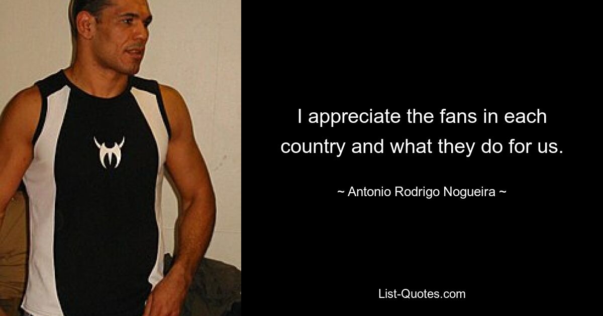 I appreciate the fans in each country and what they do for us. — © Antonio Rodrigo Nogueira