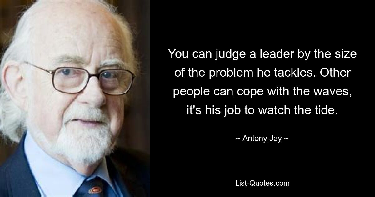 You can judge a leader by the size of the problem he tackles. Other people can cope with the waves, it's his job to watch the tide. — © Antony Jay