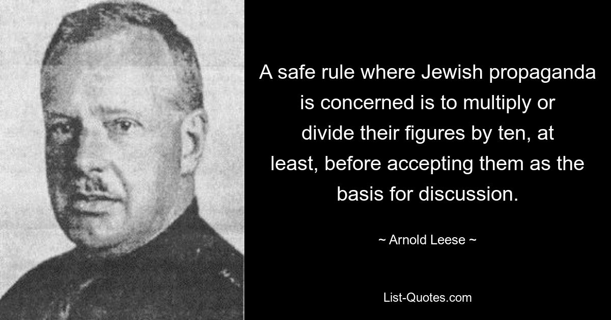 A safe rule where Jewish propaganda is concerned is to multiply or divide their figures by ten, at least, before accepting them as the basis for discussion. — © Arnold Leese