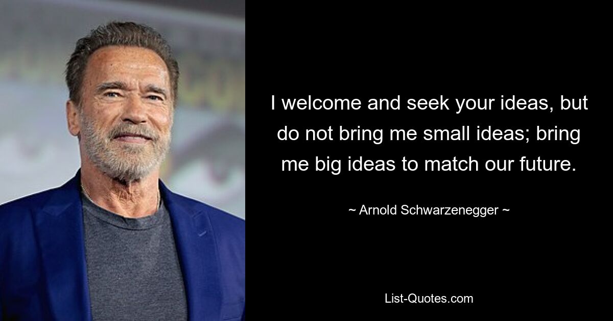 I welcome and seek your ideas, but do not bring me small ideas; bring me big ideas to match our future. — © Arnold Schwarzenegger