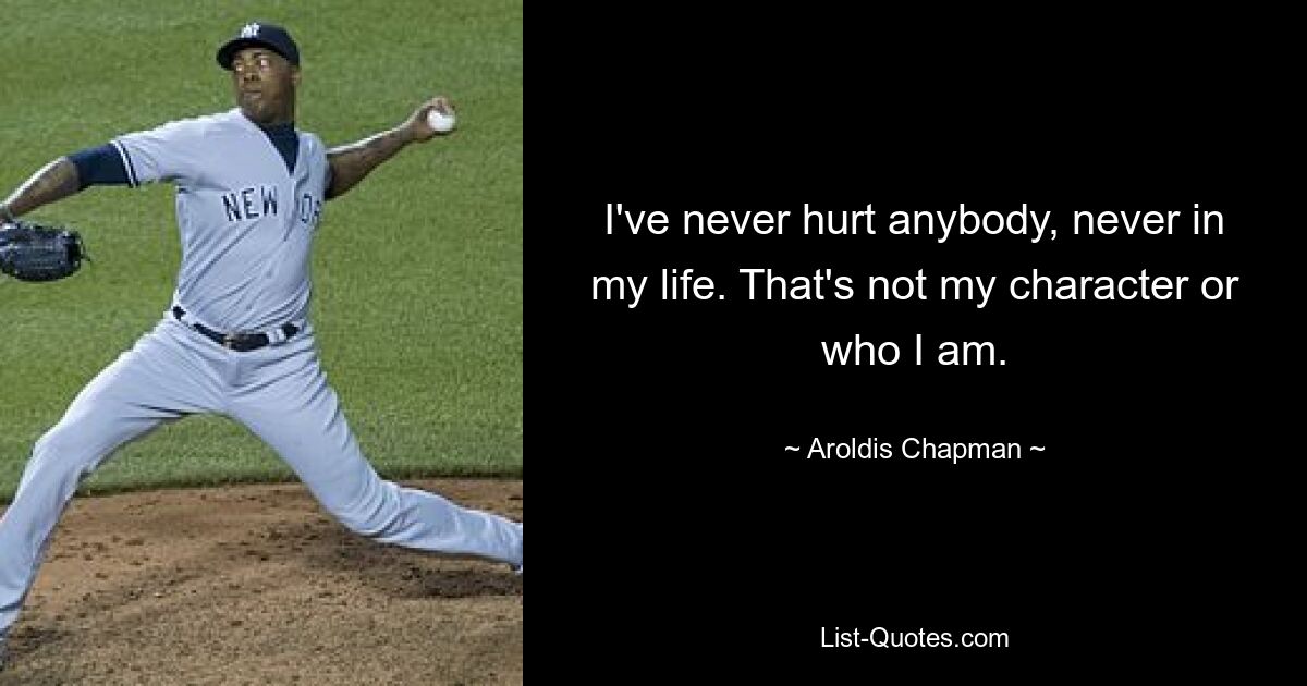 I've never hurt anybody, never in my life. That's not my character or who I am. — © Aroldis Chapman