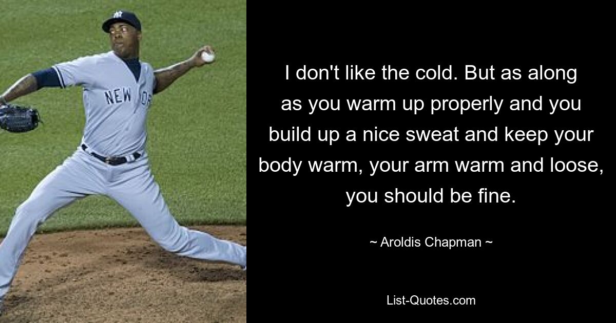 I don't like the cold. But as along as you warm up properly and you build up a nice sweat and keep your body warm, your arm warm and loose, you should be fine. — © Aroldis Chapman