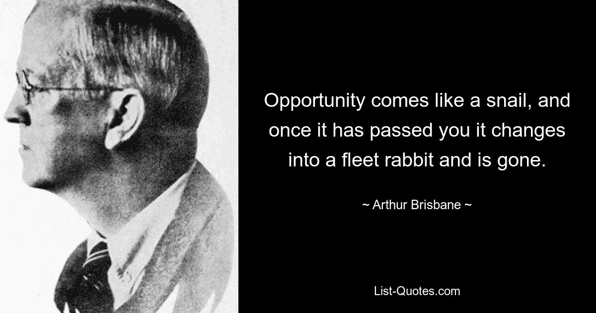 Opportunity comes like a snail, and once it has passed you it changes into a fleet rabbit and is gone. — © Arthur Brisbane