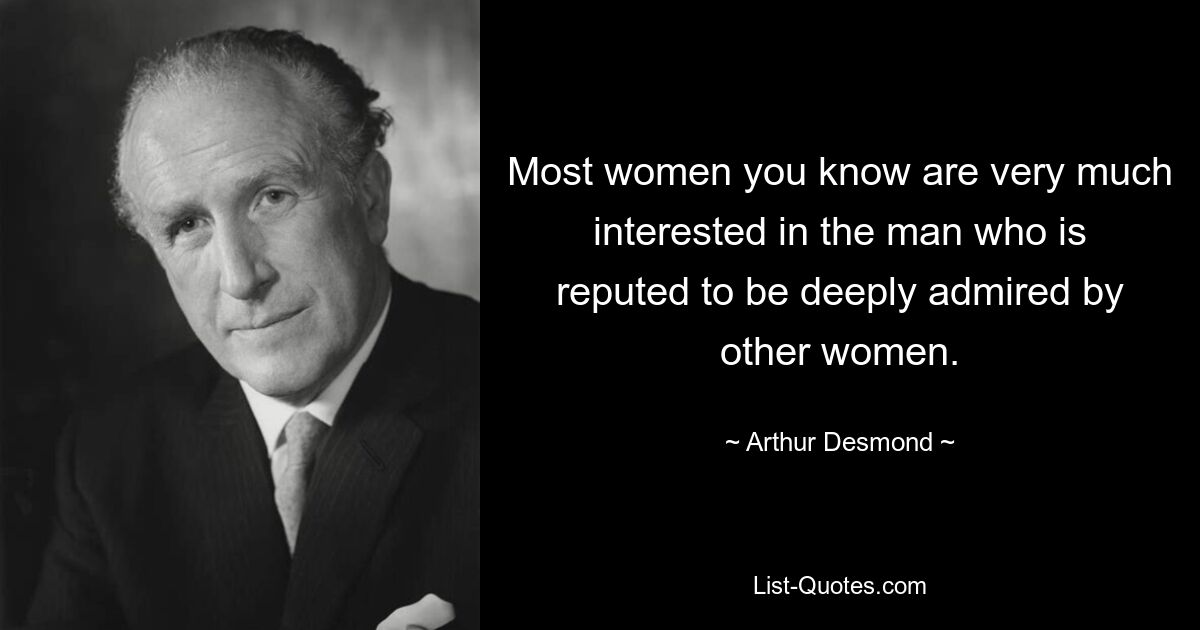 Most women you know are very much interested in the man who is reputed to be deeply admired by other women. — © Arthur Desmond