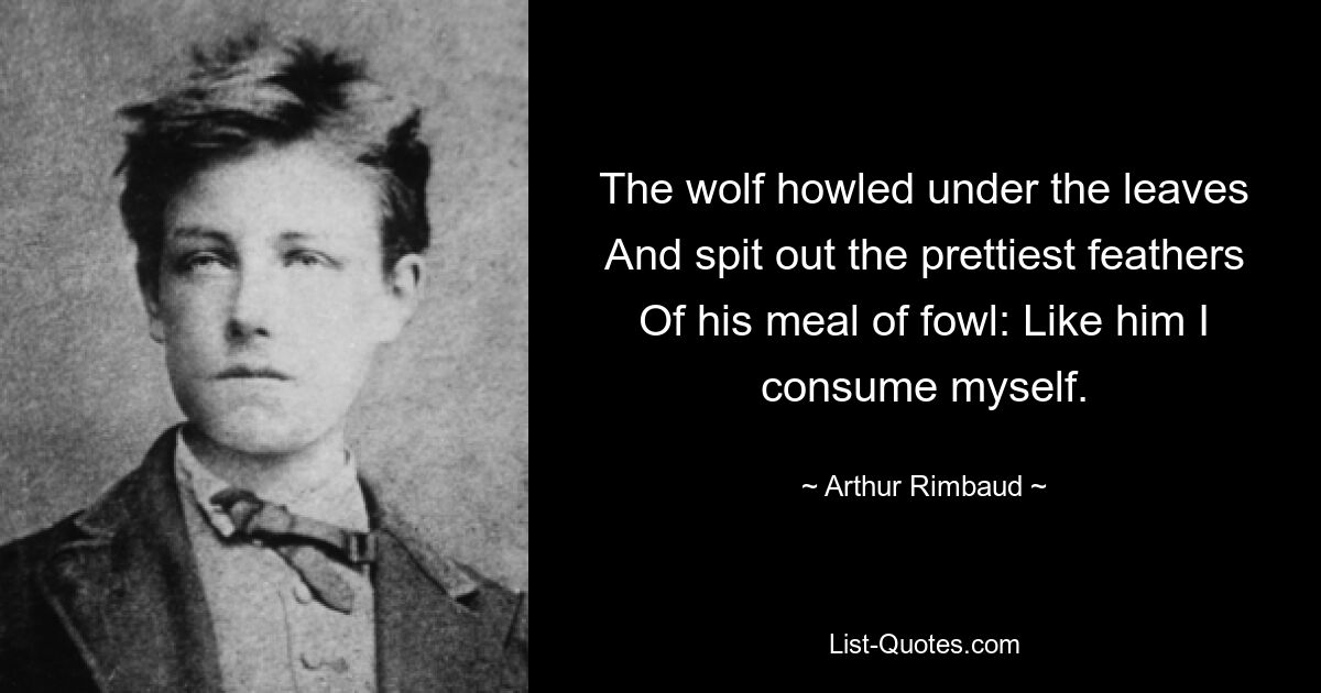 The wolf howled under the leaves And spit out the prettiest feathers Of his meal of fowl: Like him I consume myself. — © Arthur Rimbaud