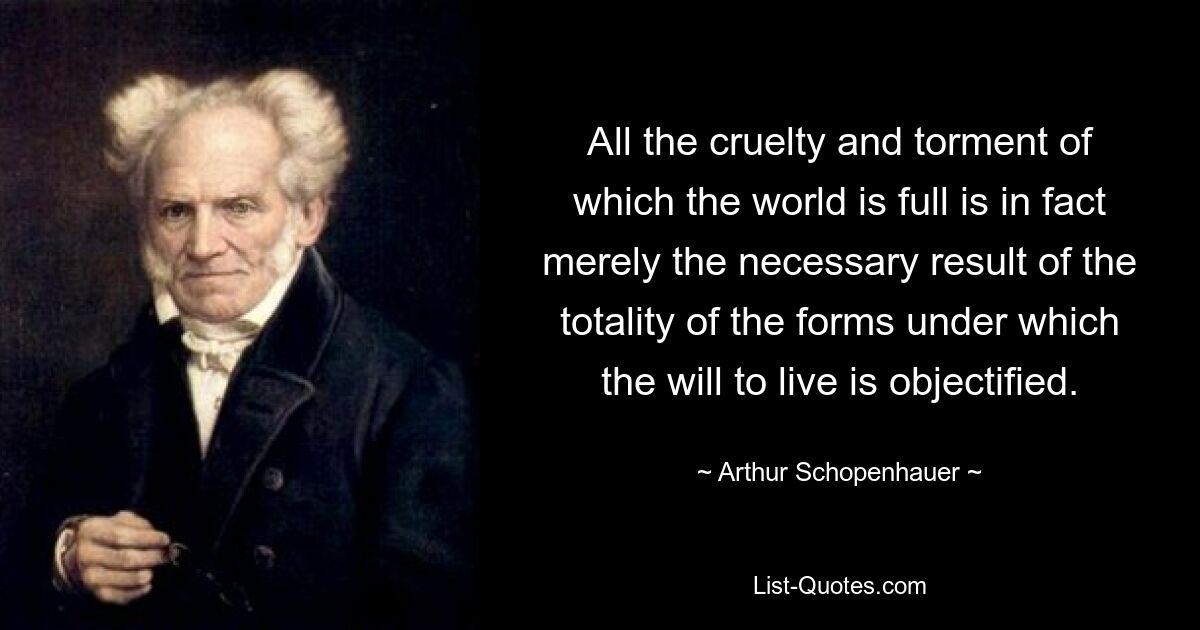 All the cruelty and torment of which the world is full is in fact merely the necessary result of the totality of the forms under which the will to live is objectified. — © Arthur Schopenhauer