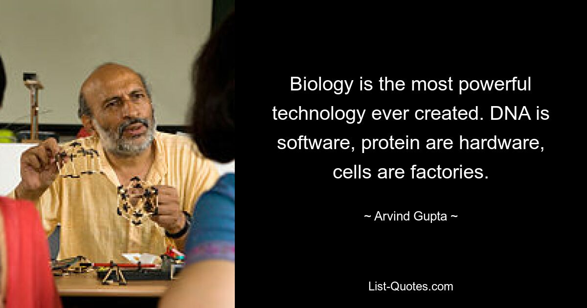 Biology is the most powerful technology ever created. DNA is software, protein are hardware, cells are factories. — © Arvind Gupta