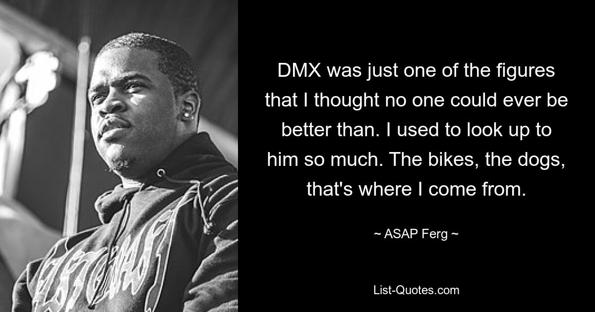 DMX was just one of the figures that I thought no one could ever be better than. I used to look up to him so much. The bikes, the dogs, that's where I come from. — © ASAP Ferg