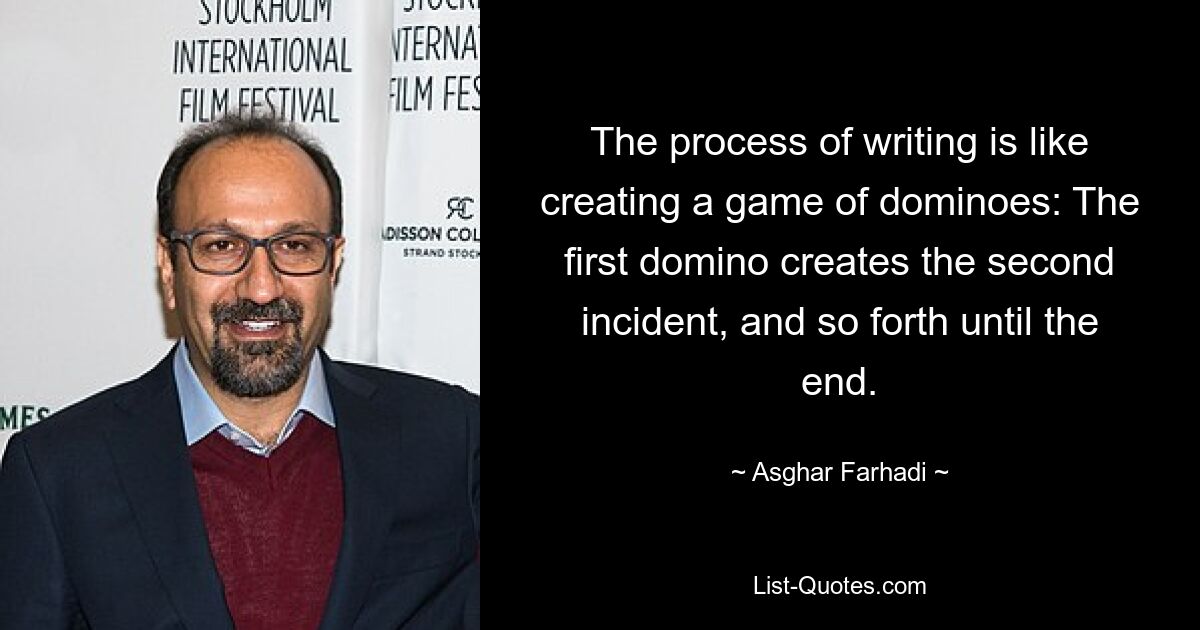 The process of writing is like creating a game of dominoes: The first domino creates the second incident, and so forth until the end. — © Asghar Farhadi