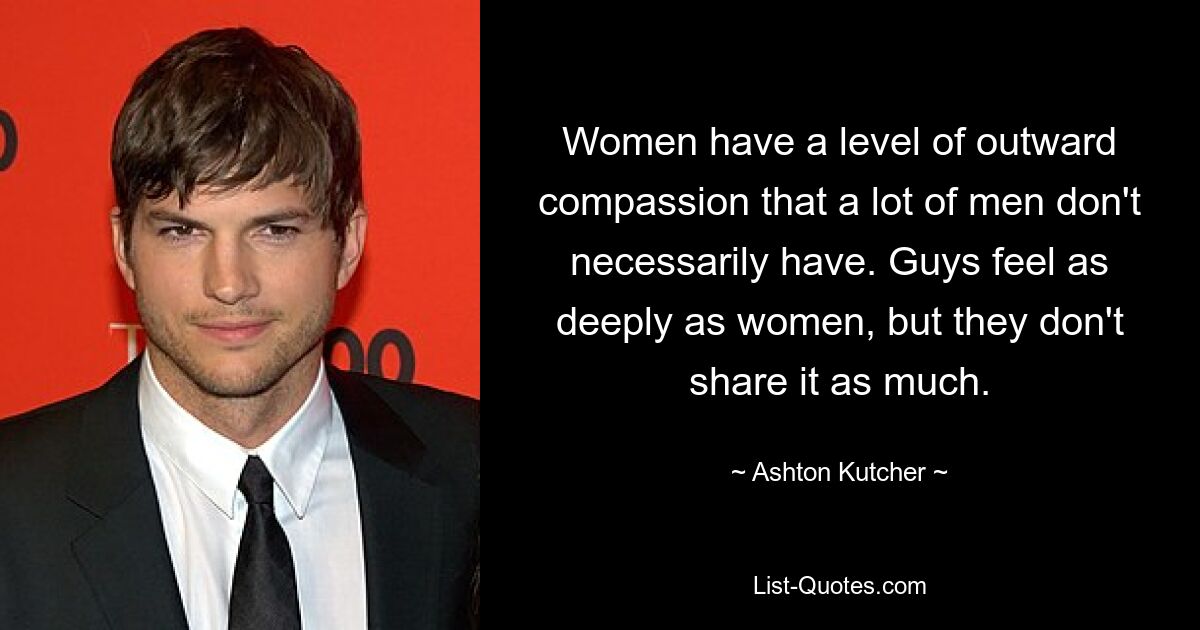 Women have a level of outward compassion that a lot of men don't necessarily have. Guys feel as deeply as women, but they don't share it as much. — © Ashton Kutcher