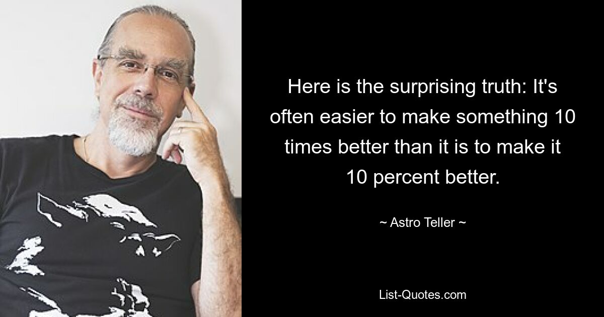 Here is the surprising truth: It's often easier to make something 10 times better than it is to make it 10 percent better. — © Astro Teller