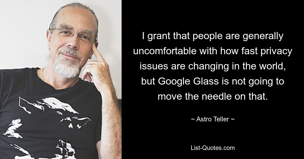 I grant that people are generally uncomfortable with how fast privacy issues are changing in the world, but Google Glass is not going to move the needle on that. — © Astro Teller