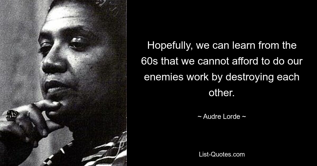 Hopefully, we can learn from the 60s that we cannot afford to do our enemies work by destroying each other. — © Audre Lorde