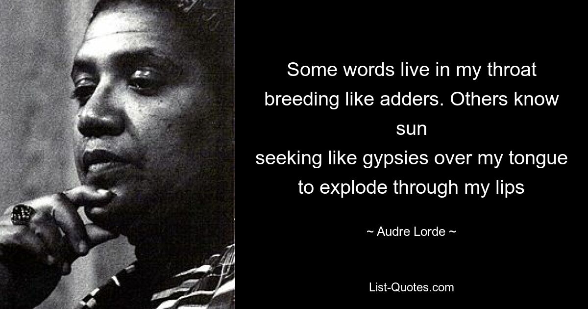 Some words live in my throat
breeding like adders. Others know sun
seeking like gypsies over my tongue
to explode through my lips — © Audre Lorde