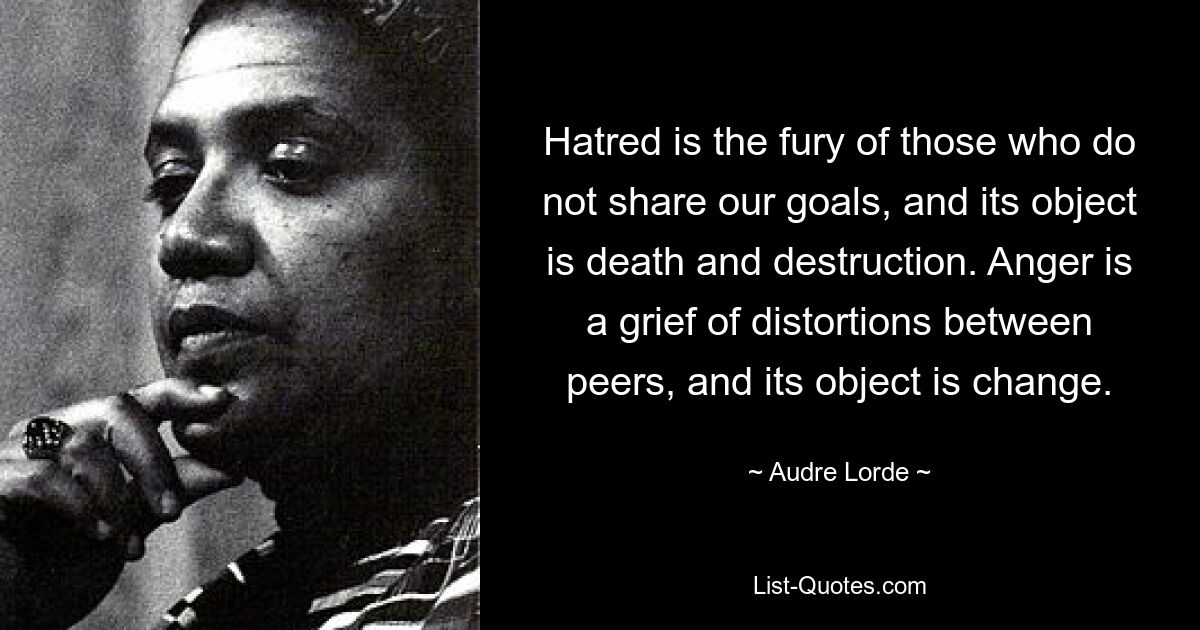 Hatred is the fury of those who do not share our goals, and its object is death and destruction. Anger is a grief of distortions between peers, and its object is change. — © Audre Lorde