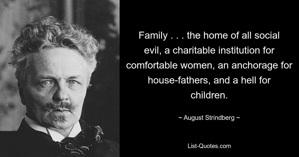 Family . . . the home of all social evil, a charitable institution for comfortable women, an anchorage for house-fathers, and a hell for children. — © August Strindberg