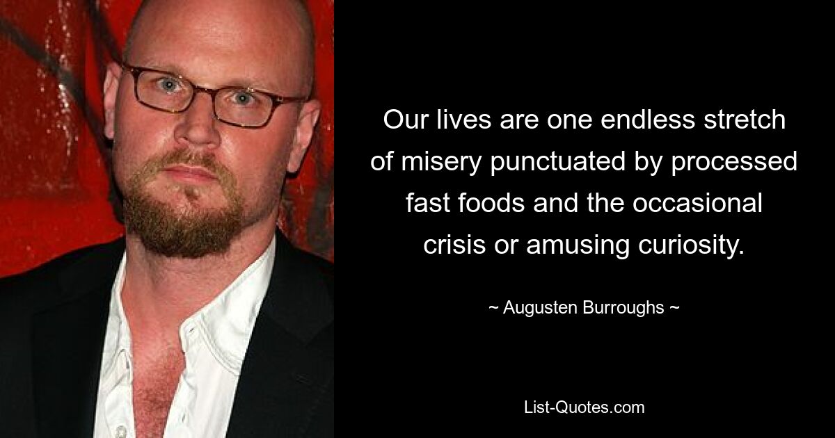 Our lives are one endless stretch of misery punctuated by processed fast foods and the occasional crisis or amusing curiosity. — © Augusten Burroughs