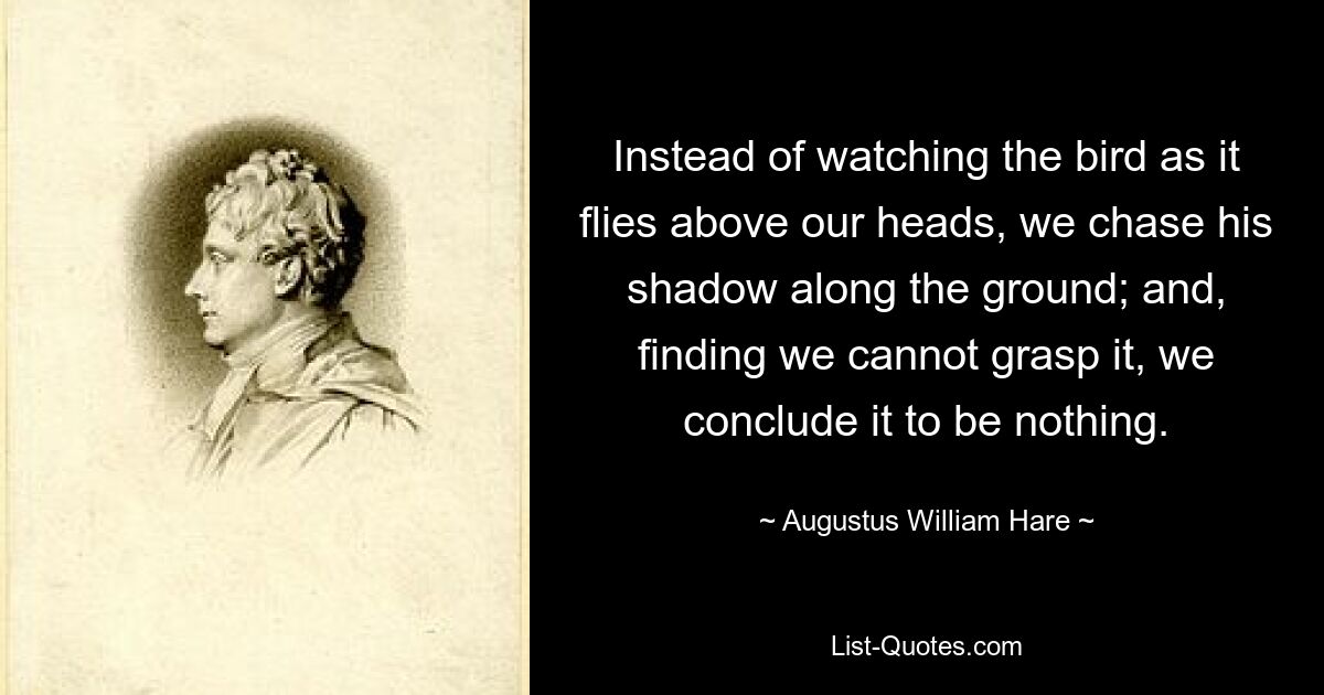 Instead of watching the bird as it flies above our heads, we chase his shadow along the ground; and, finding we cannot grasp it, we conclude it to be nothing. — © Augustus William Hare