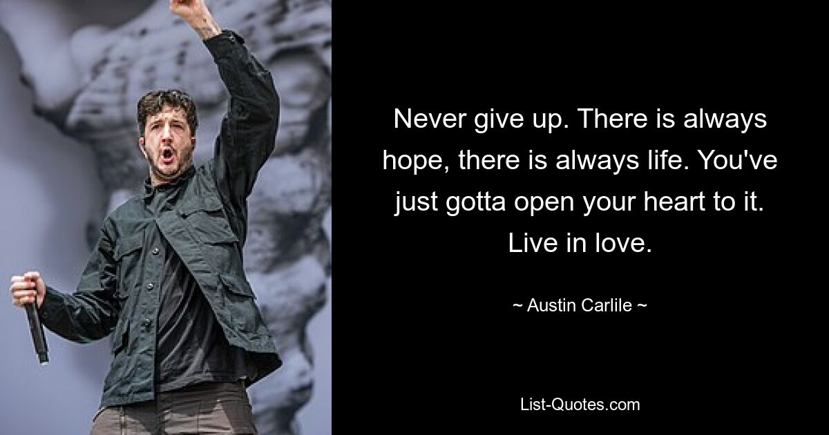 Never give up. There is always hope, there is always life. You've just gotta open your heart to it. Live in love. — © Austin Carlile