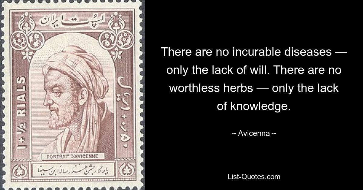 There are no incurable diseases — only the lack of will. There are no worthless herbs — only the lack of knowledge. — © Avicenna