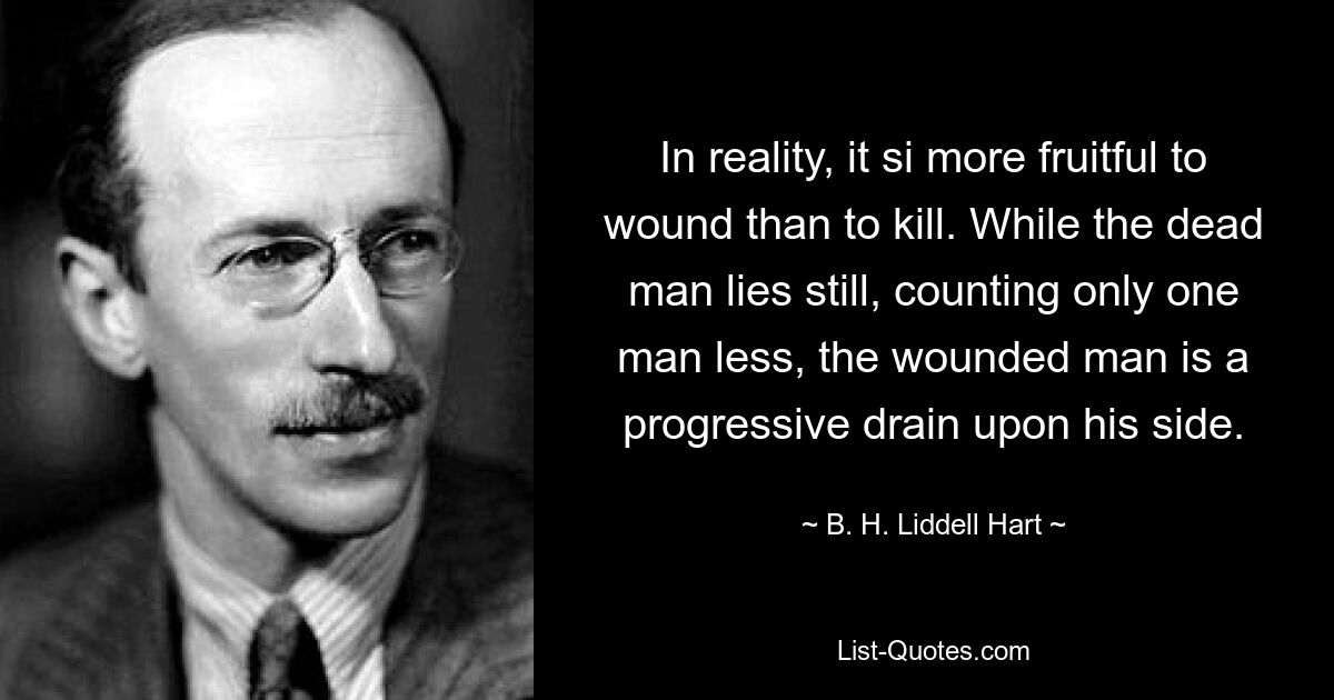 In reality, it si more fruitful to wound than to kill. While the dead man lies still, counting only one man less, the wounded man is a progressive drain upon his side. — © B. H. Liddell Hart