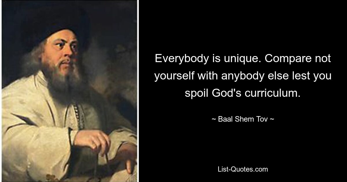 Everybody is unique. Compare not yourself with anybody else lest you spoil God's curriculum. — © Baal Shem Tov