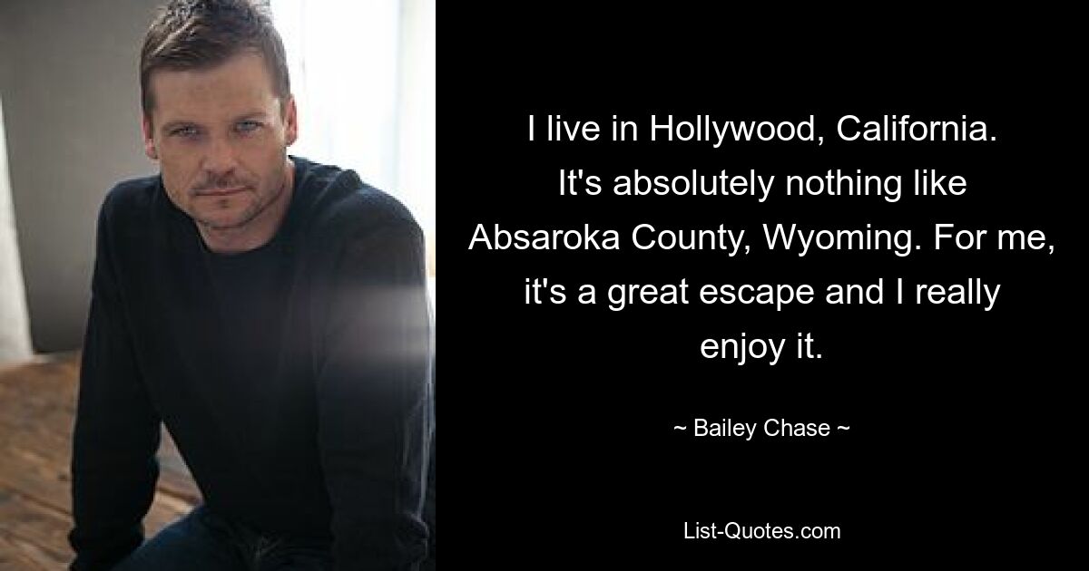 I live in Hollywood, California. It's absolutely nothing like Absaroka County, Wyoming. For me, it's a great escape and I really enjoy it. — © Bailey Chase