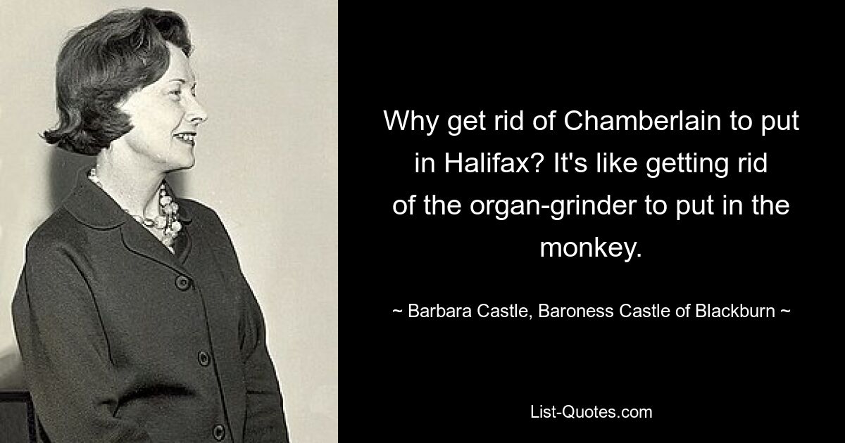 Why get rid of Chamberlain to put in Halifax? It's like getting rid of the organ-grinder to put in the monkey. — © Barbara Castle, Baroness Castle of Blackburn