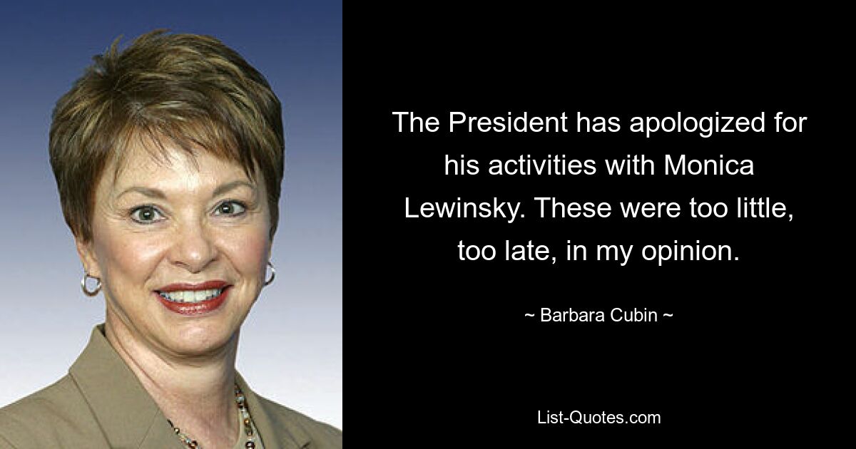 The President has apologized for his activities with Monica Lewinsky. These were too little, too late, in my opinion. — © Barbara Cubin