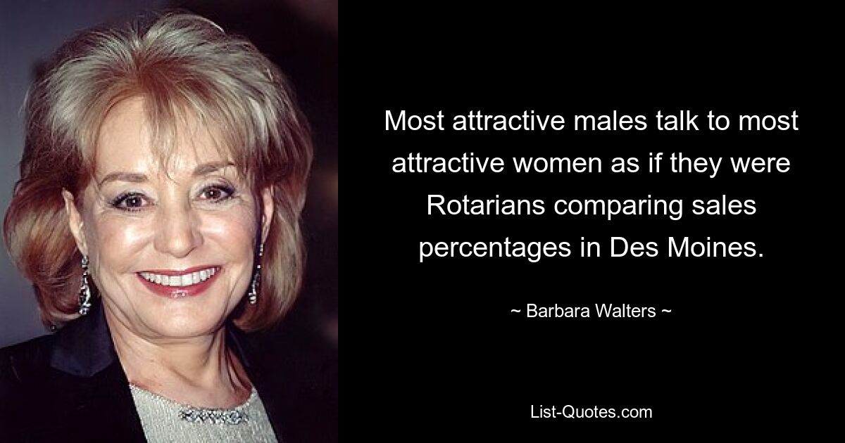 Most attractive males talk to most attractive women as if they were Rotarians comparing sales percentages in Des Moines. — © Barbara Walters