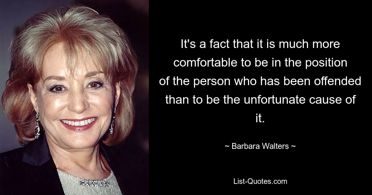 It's a fact that it is much more comfortable to be in the position of the person who has been offended than to be the unfortunate cause of it. — © Barbara Walters