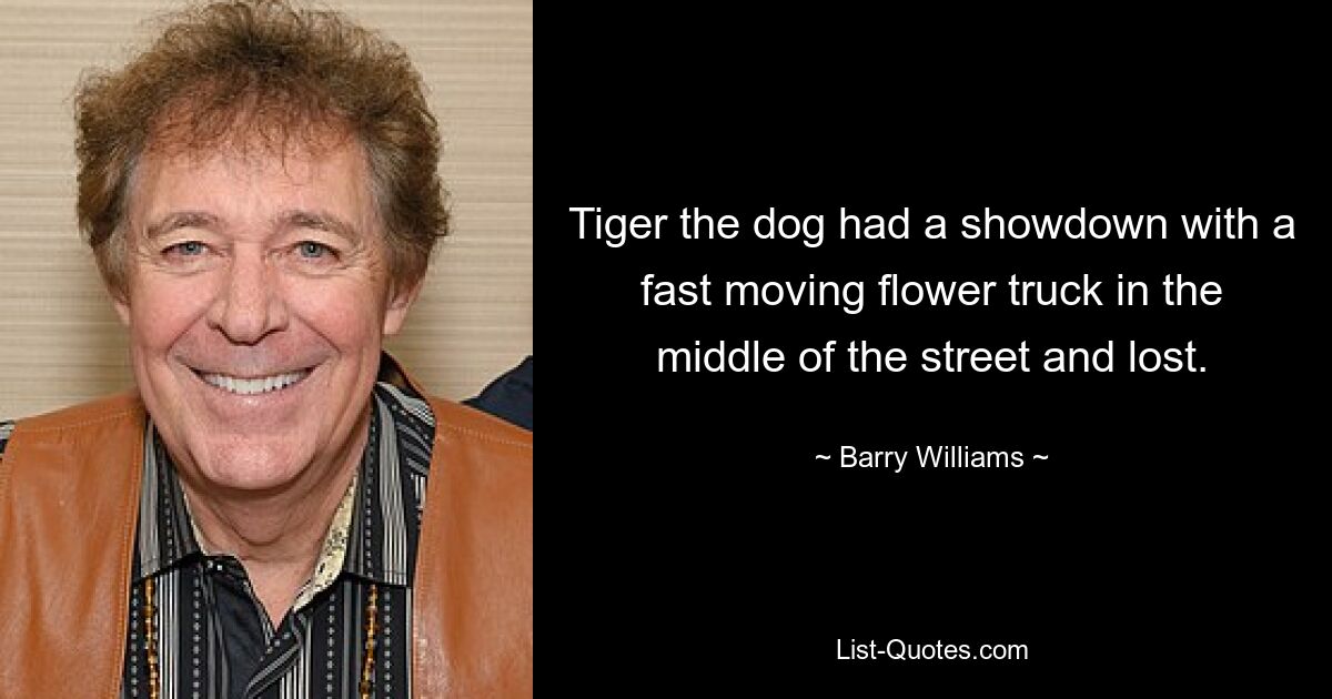 Tiger the dog had a showdown with a fast moving flower truck in the middle of the street and lost. — © Barry Williams