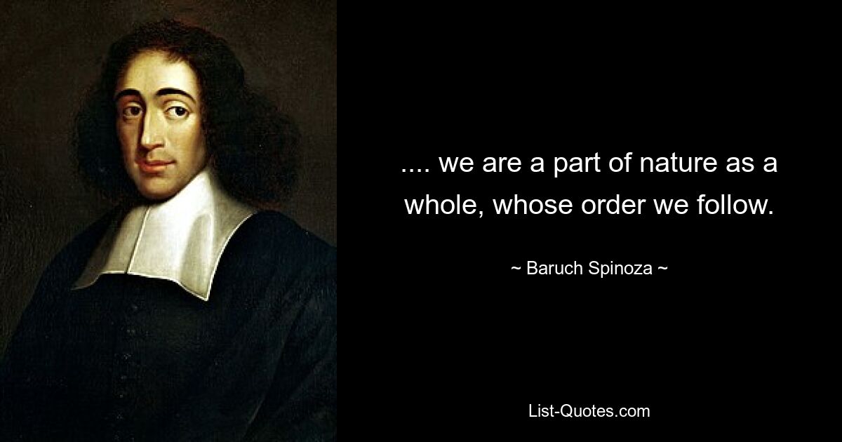 .... we are a part of nature as a whole, whose order we follow. — © Baruch Spinoza