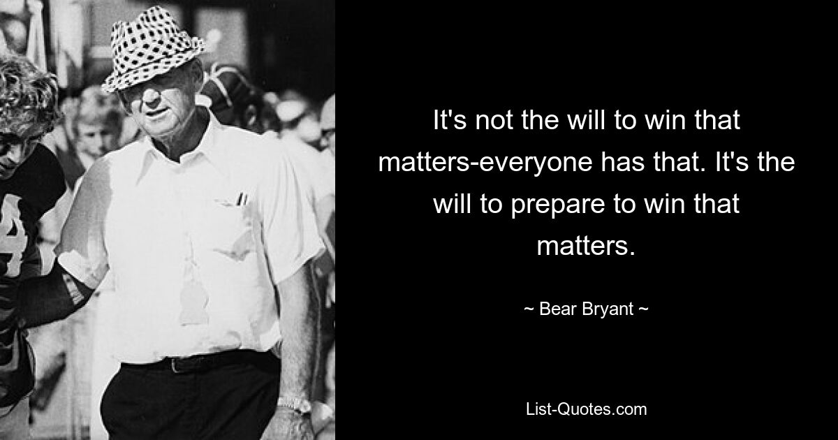 It's not the will to win that matters-everyone has that. It's the will to prepare to win that matters. — © Bear Bryant