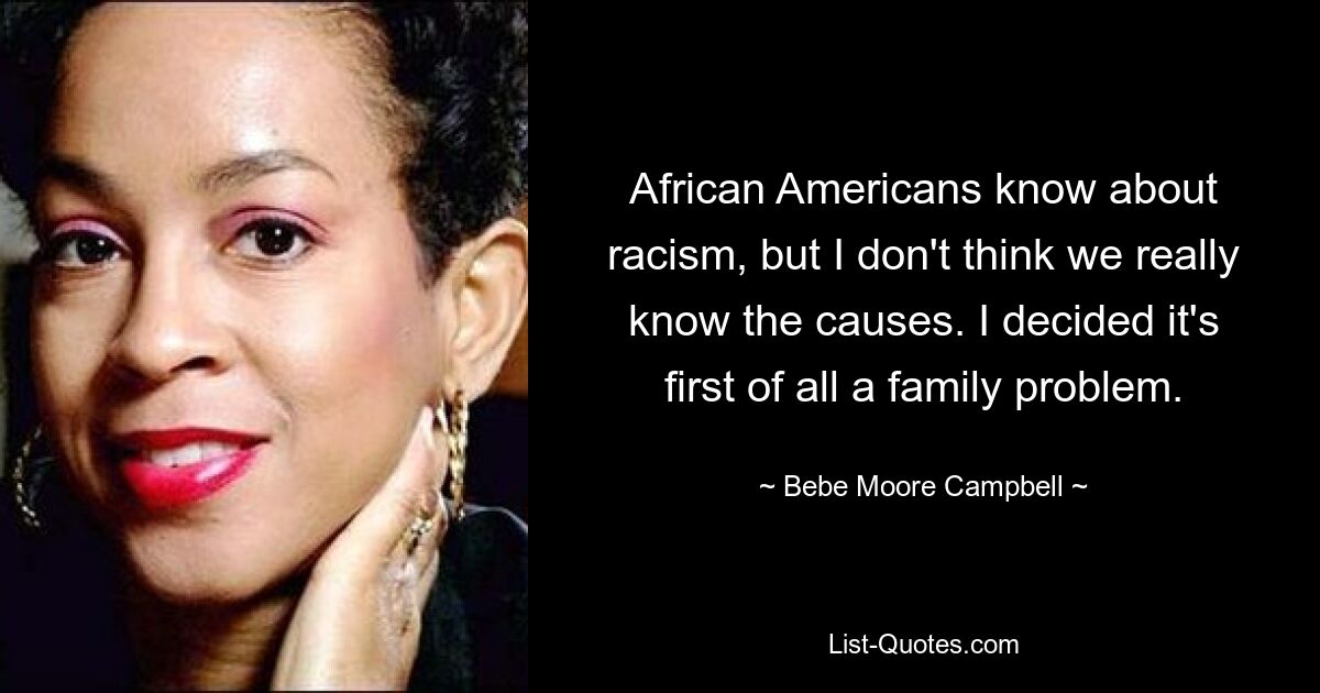 African Americans know about racism, but I don't think we really know the causes. I decided it's first of all a family problem. — © Bebe Moore Campbell