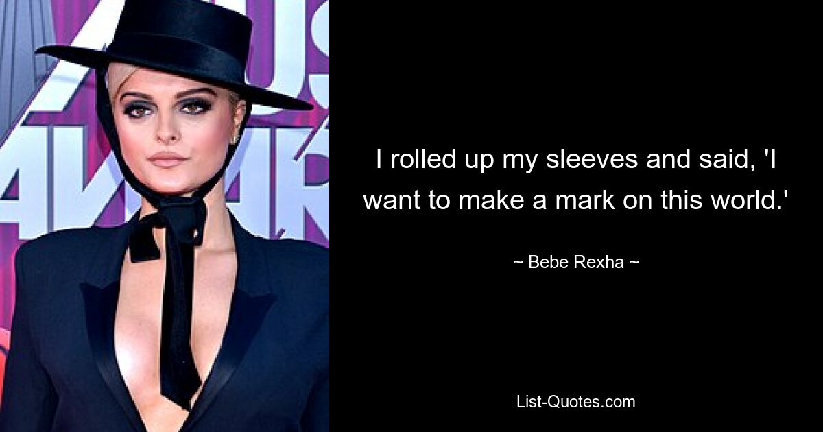 I rolled up my sleeves and said, 'I want to make a mark on this world.' — © Bebe Rexha